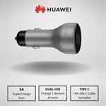 Chargeur de voiture d’origine Huawei SuperCharge de 5 V et 9 V, câble Type C argent et blanc